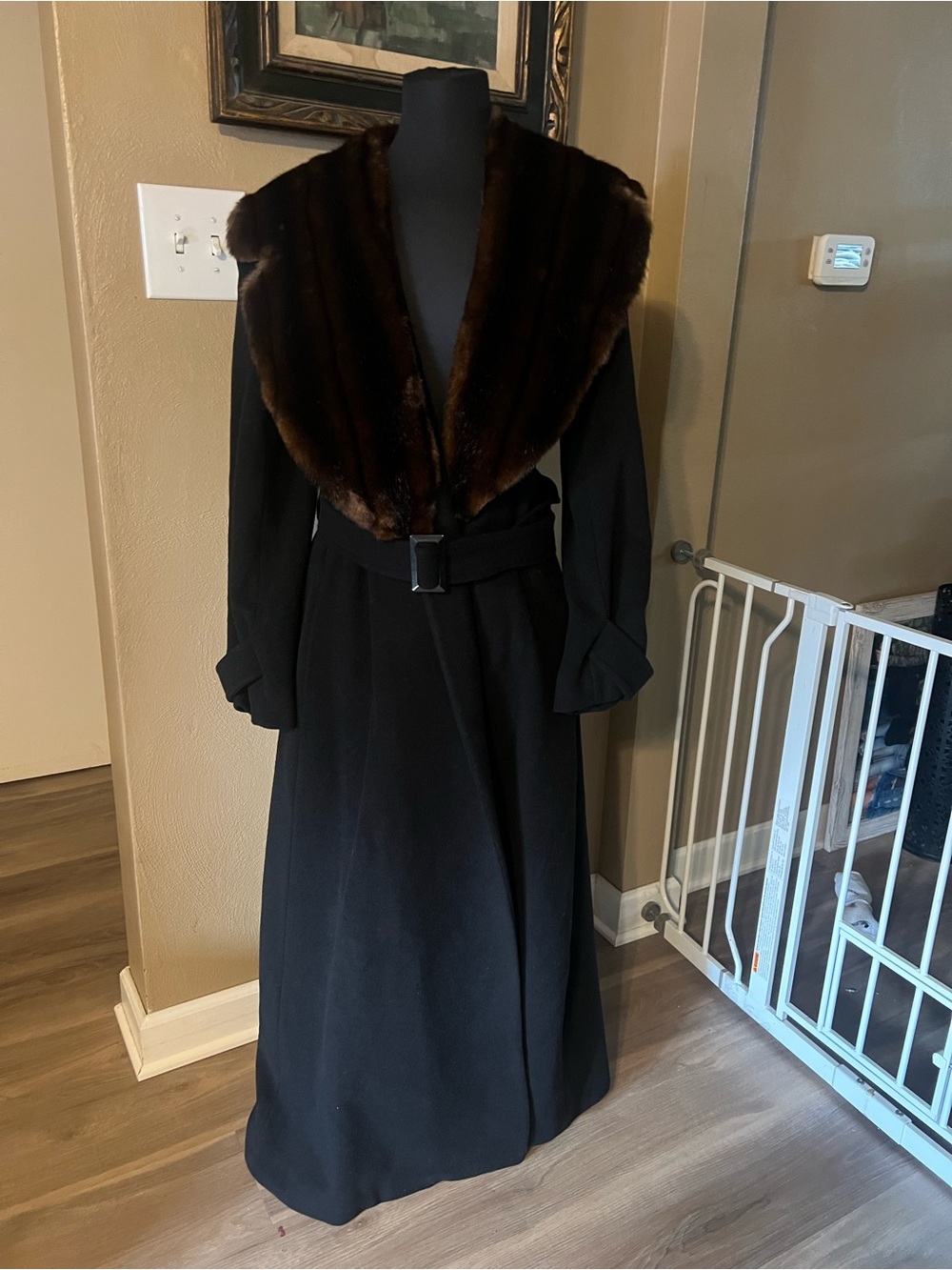 Vintage Ralph Lauren long Black Coat with Faux Brown Fur Trim Sz 8